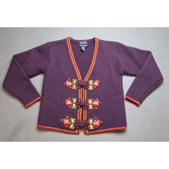 Vintage Womens Large Herman Geist Wool Cardigan Sweater Purple Hand Embroidered - Picture 1 of 7